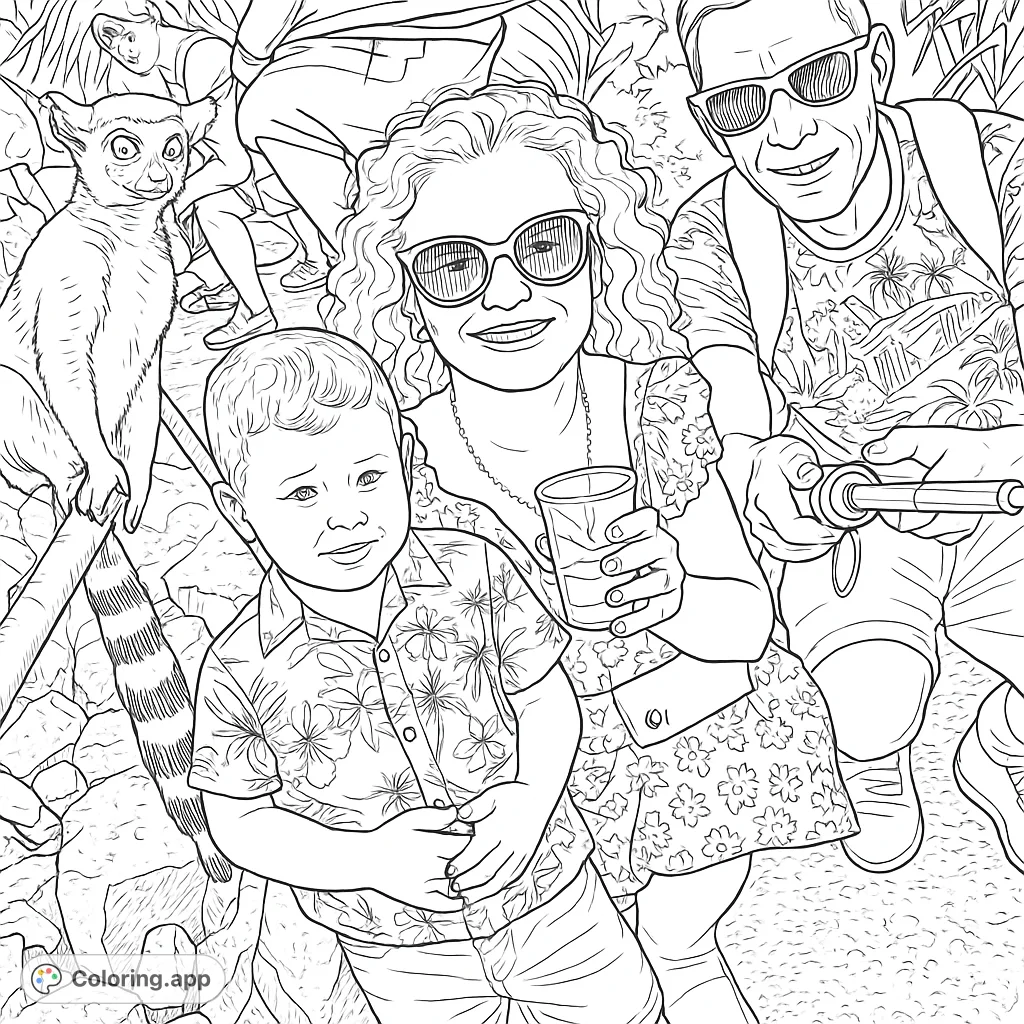 A delightful lemur encounter features a family smiling, capturing a memorable moment. A striped-tailed lemur perches nearby, inviting a creative coloring adventure.