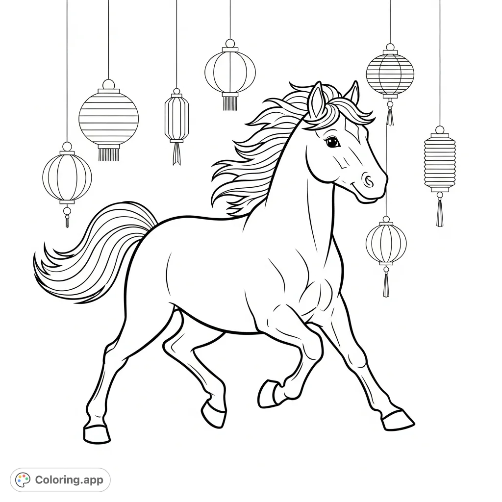 A cheerful horse gallops amidst simple Lunar New Year lanterns, offering a delightful and easy-to-color scene for a festive and joyful creative experience.