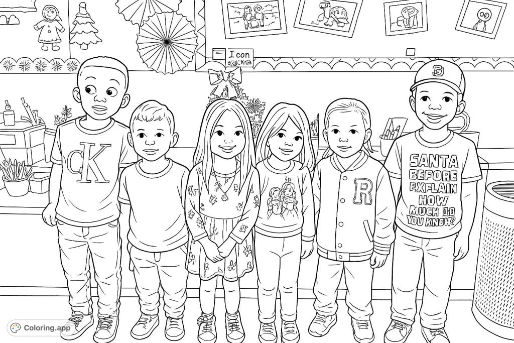 Color this delightful classroom scene featuring six smiling children and fun school decorations. A perfect page to celebrate friendship and learning.