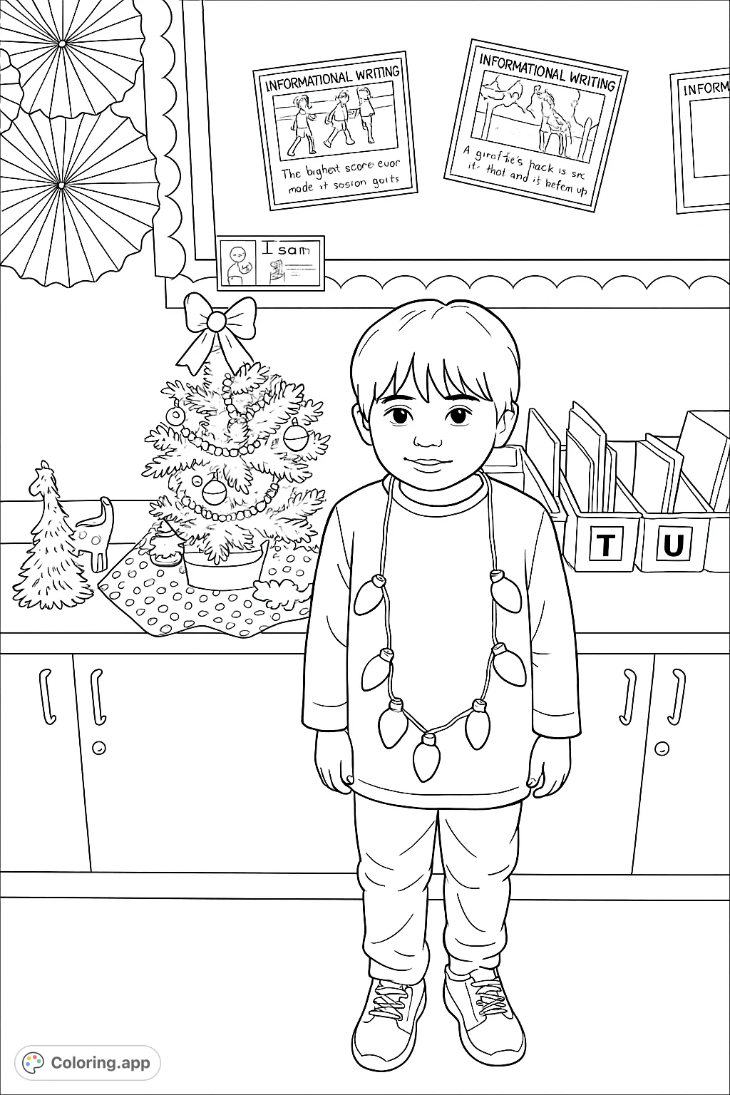 A charming festive scene featuring a child adorned with decorative lights, standing beside a small, ornamented tree and whimsical figures, perfect for holiday coloring fun.