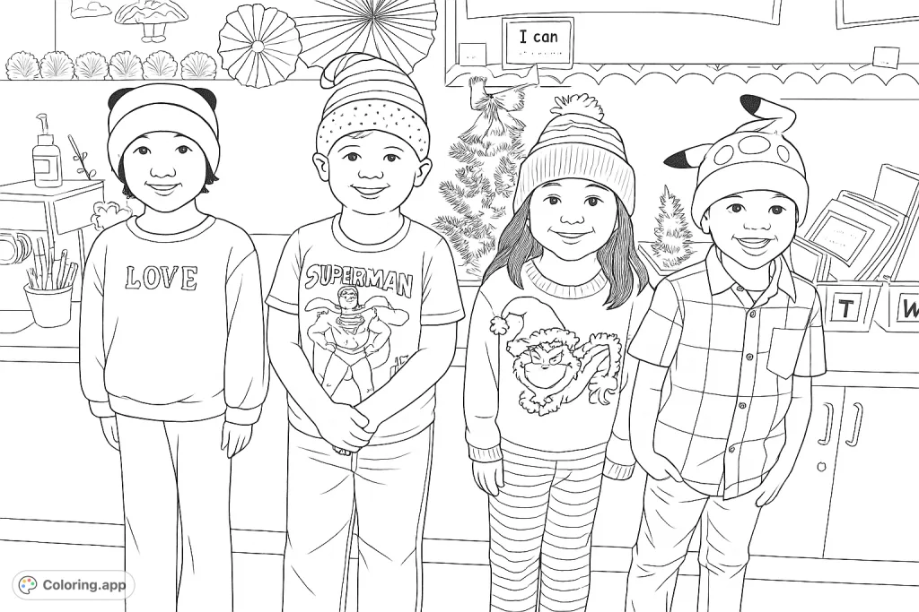 Four smiling children in whimsical knitted hats and festive attire stand in a cheerful classroom. A delightful scene for creative expression.