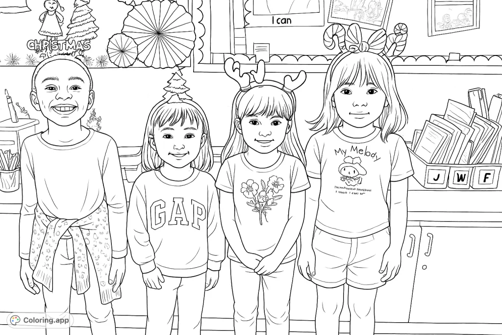 Four smiling girls showcase festive headbands and patterned clothing in a cheerful classroom setting, ready for creative coloring fun.