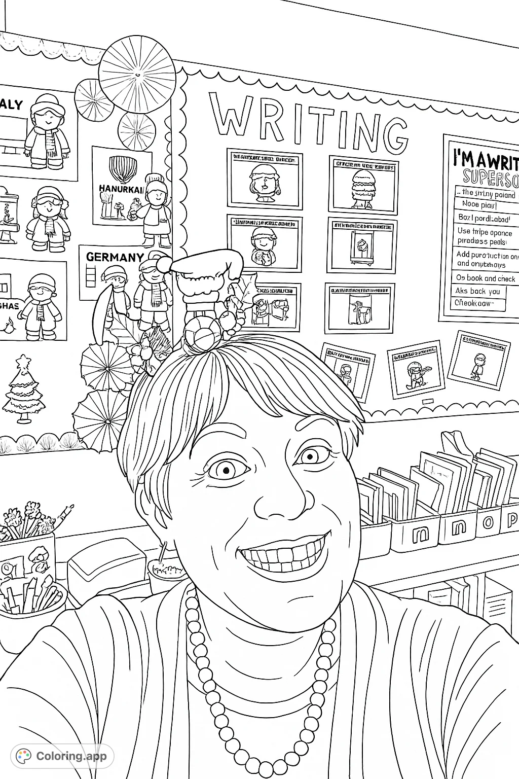 A cheerful teacher wearing a whimsical, elaborate headpiece in a decorated classroom setting, filled with educational displays and festive accents.
