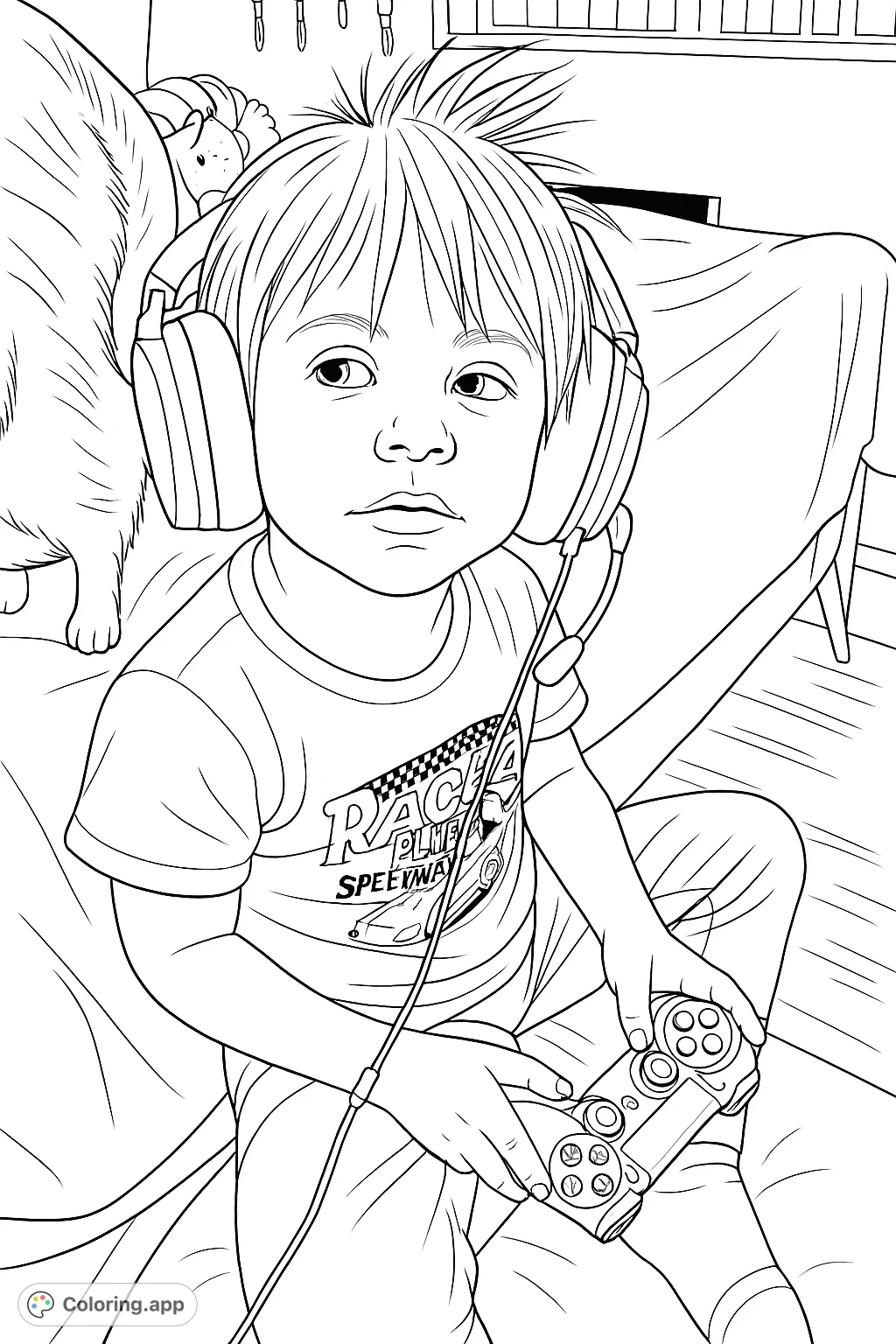 A child absorbed in gaming with headphones and controller, accompanied by a patterned feline friend. Perfect for young gamers and pet lovers!