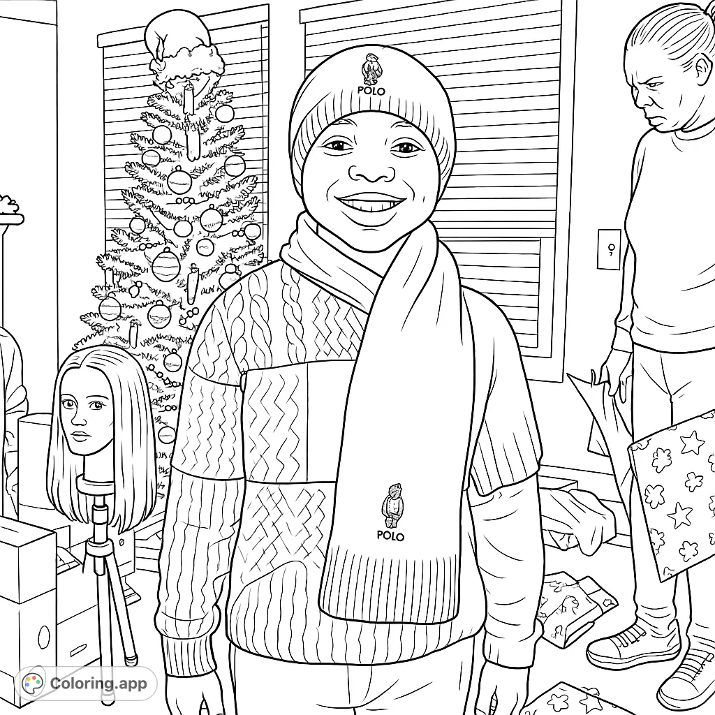 Capture the festive spirit! A cheerful young person in winter wear stands before a decorated holiday tree, surrounded by celebratory details.