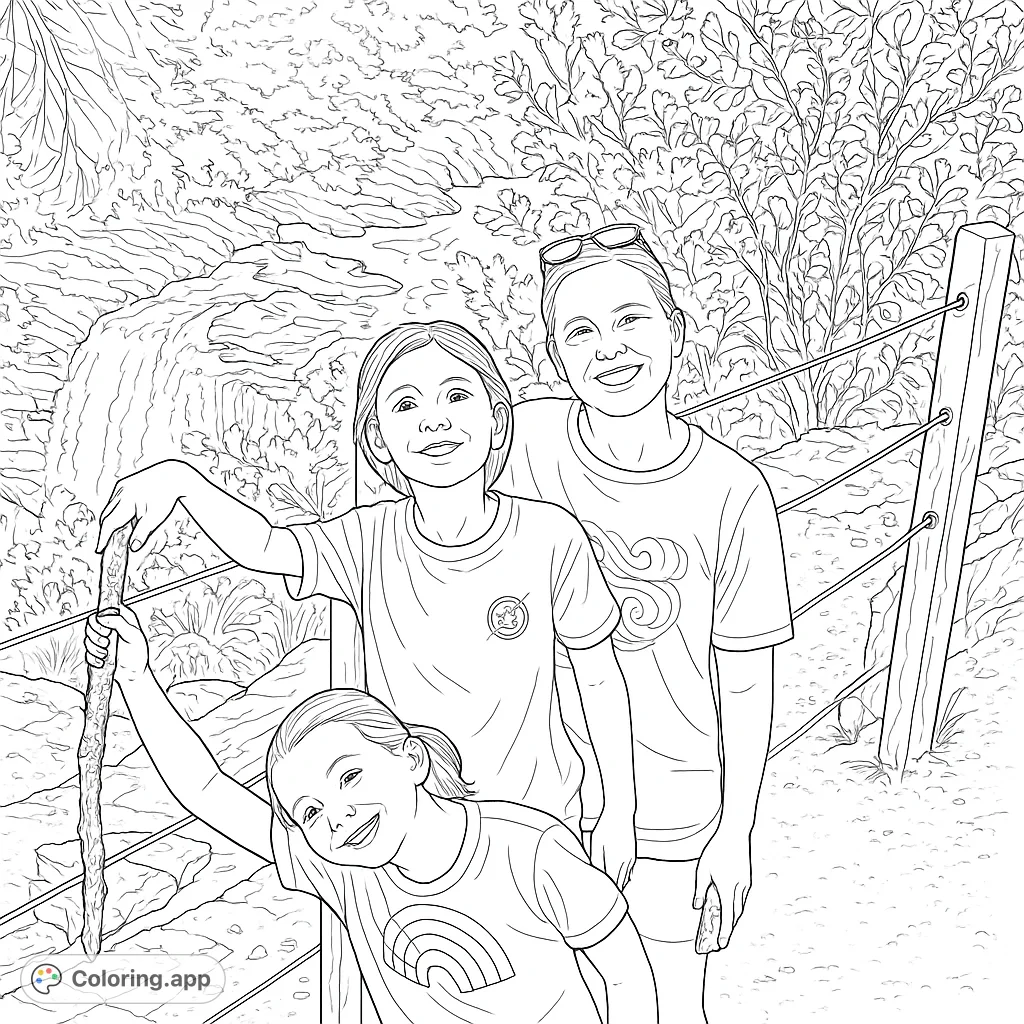 Capture a joyful family moment on a scenic hike featuring an adult and two children posing in front of a stunning, cascading waterfall.