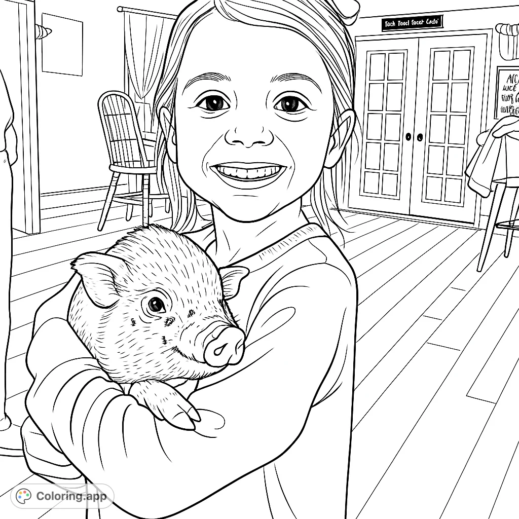 A heartwarming free printable farm animal coloring page featuring a smiling young girl holding an adorable piglet, perfect for animal lovers.