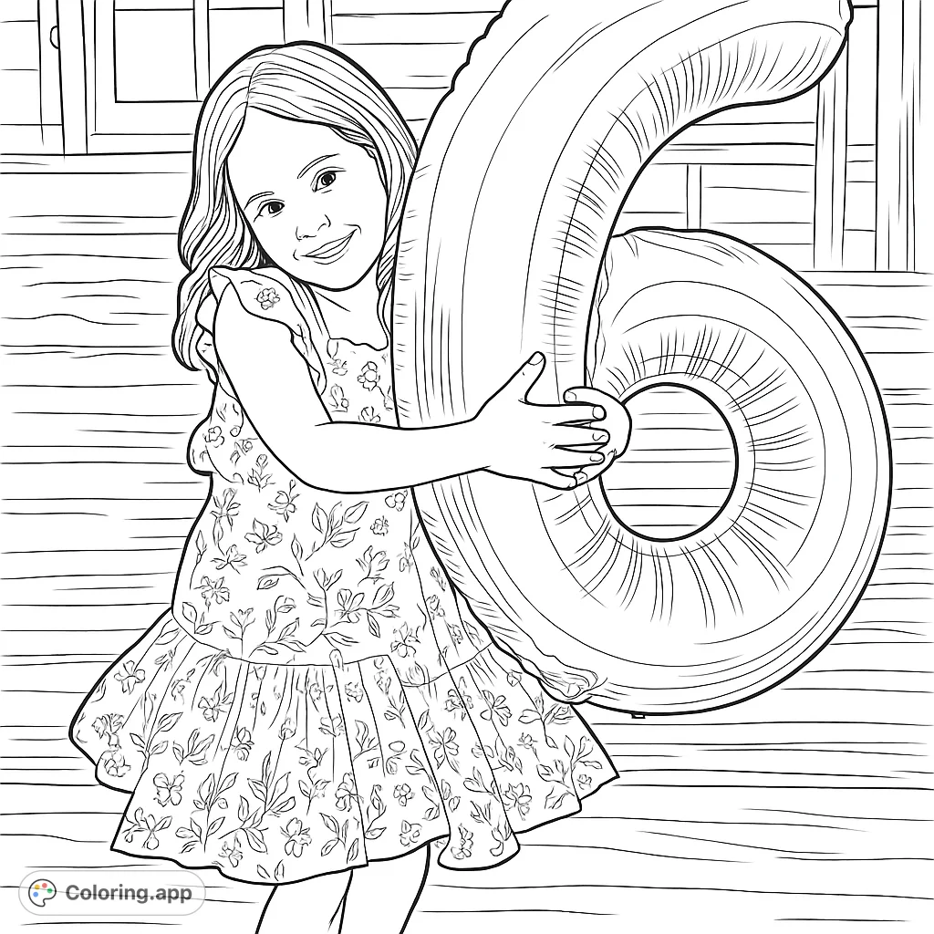 A cheerful girl embraces a large number '6' balloon on a rustic wooden porch. Perfect for celebrating birthdays or milestones.