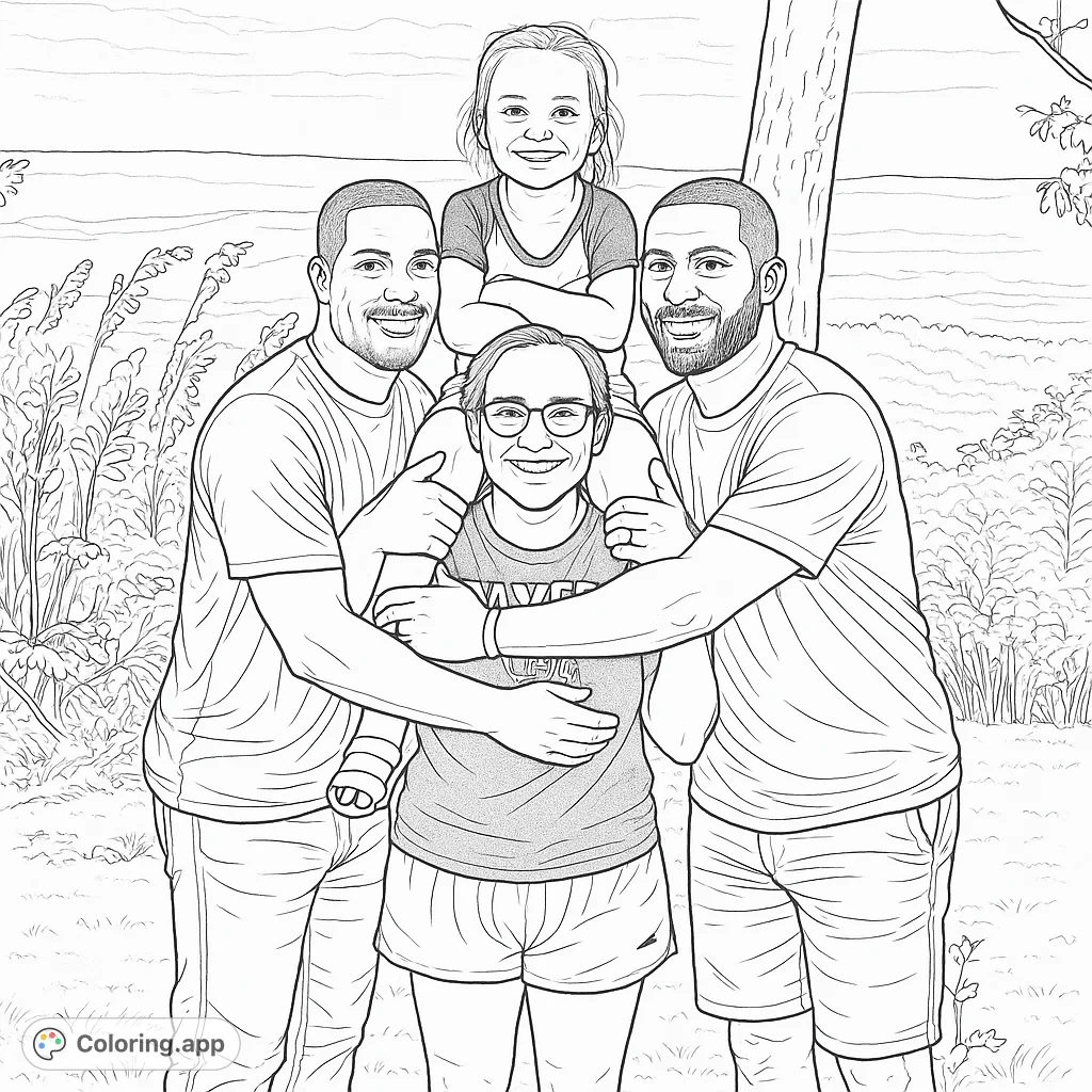 Capture a heartwarming family moment outdoors with two men, a woman, and a girl on shoulders, set against a scenic backdrop of rolling hills.