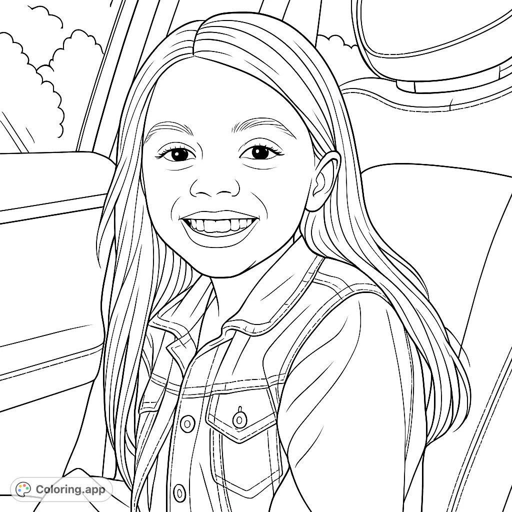 A charming coloring page featuring a happy young girl in a denim jacket, smiling brightly in a car. Perfect for kids and anyone who loves delightful scenes.