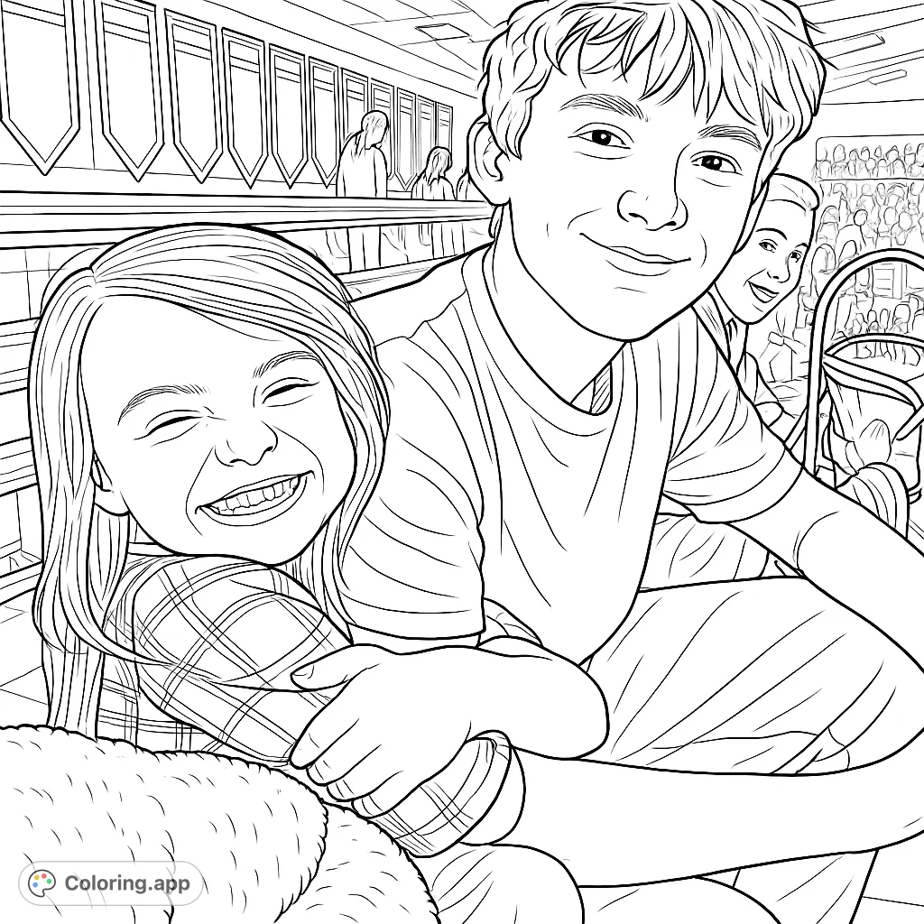 A heartwarming family coloring page featuring a young girl and her older brother, sharing a joyful moment. Capture their happy smiles and loving bond.