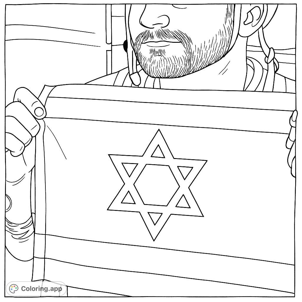 A person displays a national flag featuring a six-pointed star between two stripes, with a visible beard and high-visibility attire.