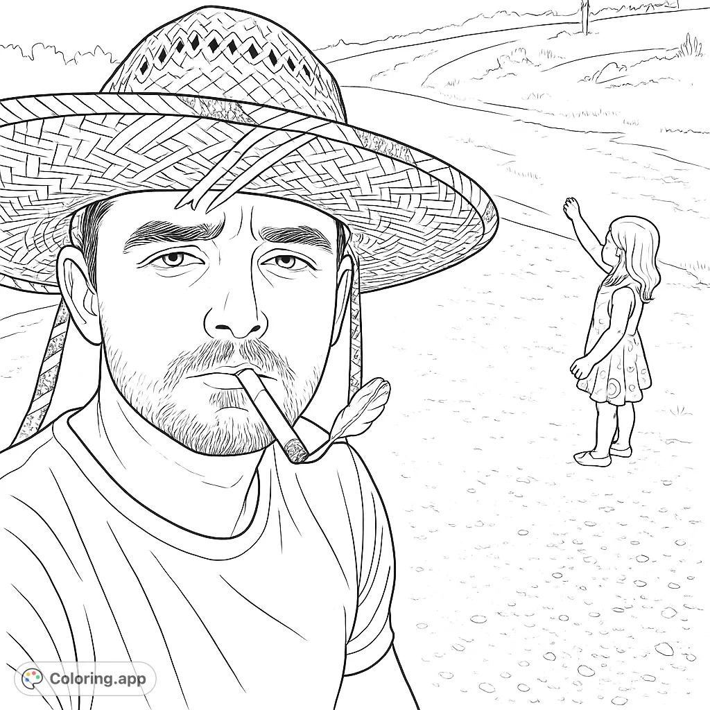 A man in a patterned straw hat with a child observing the outdoors, set against a textured ground. This unique coloring page offers an engaging scene.