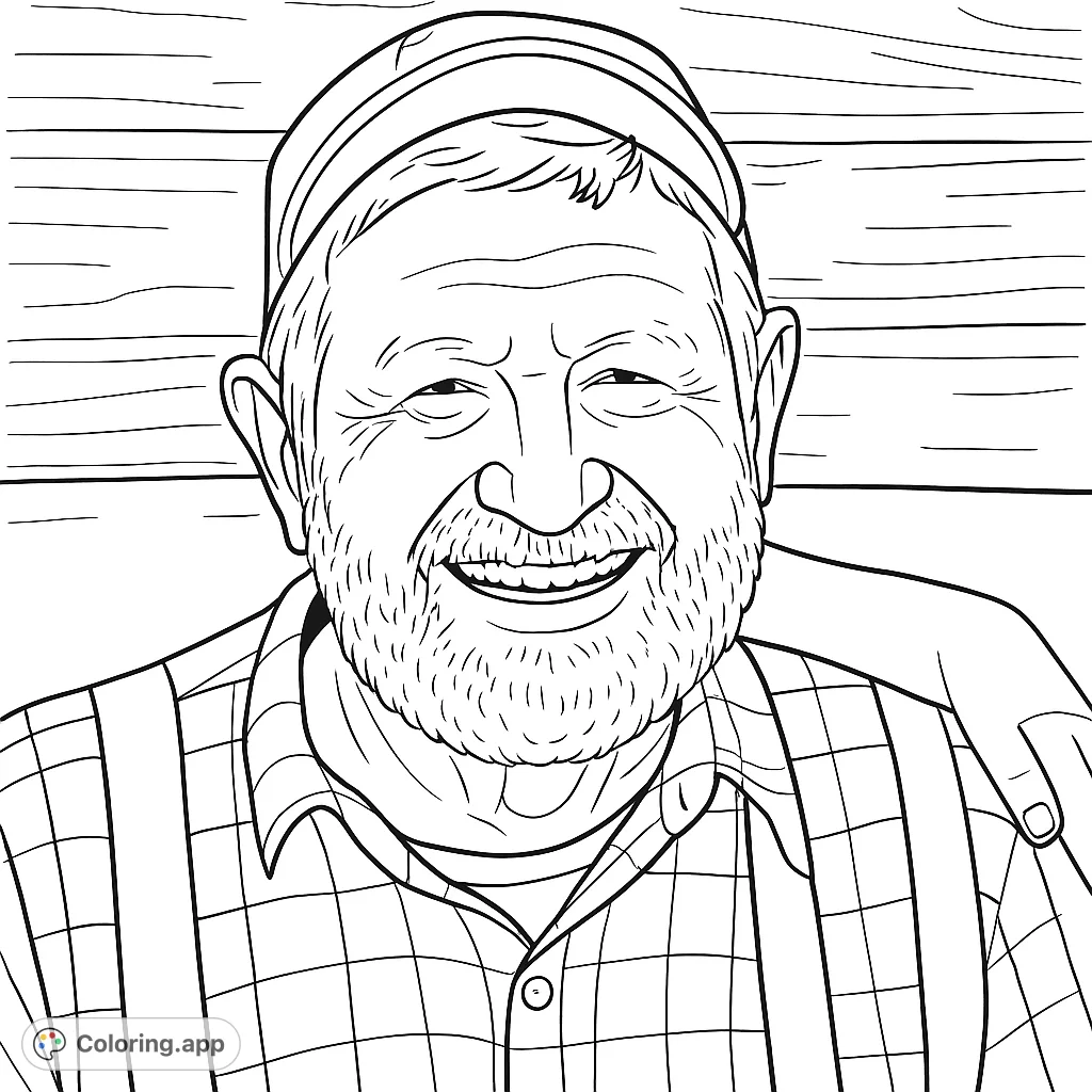 Capture the joyful spirit of an elderly man with a warm smile, beard, and cap. Perfect for a thoughtful coloring experience, celebrating family and happiness.