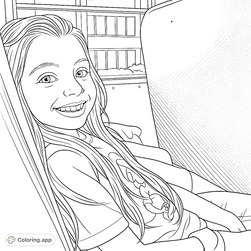 A cheerful young girl smiles warmly while riding a bus, offering a fun and relatable scene for coloring enthusiasts. Perfect for adding vibrant hues.