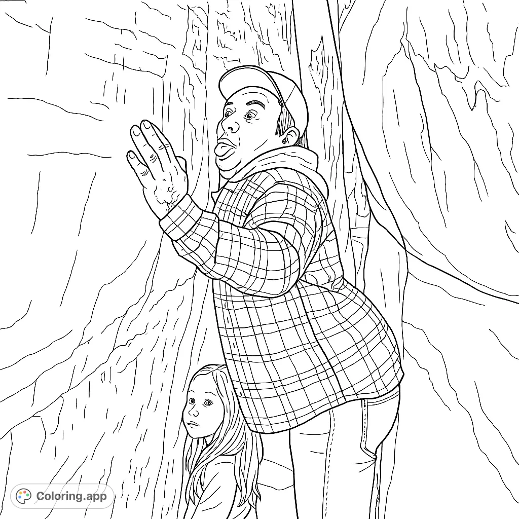 Explore a tight rock passage with a surprised man and a curious child. This adventure coloring page captures a moment of playful discovery among ancient rock formations.