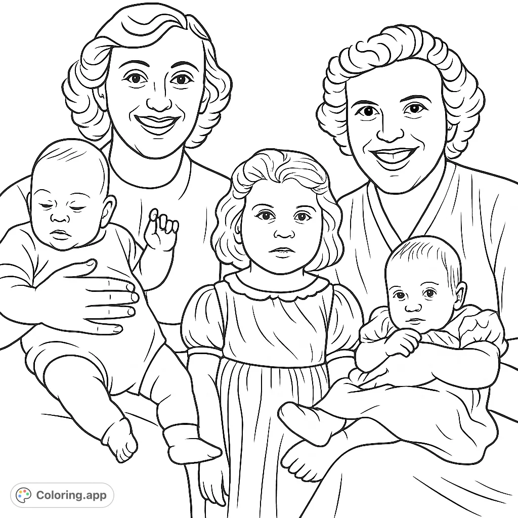 Step back in time with this charming vintage family portrait coloring page, featuring two women with three children. A heartwarming scene to personalize and cherish.