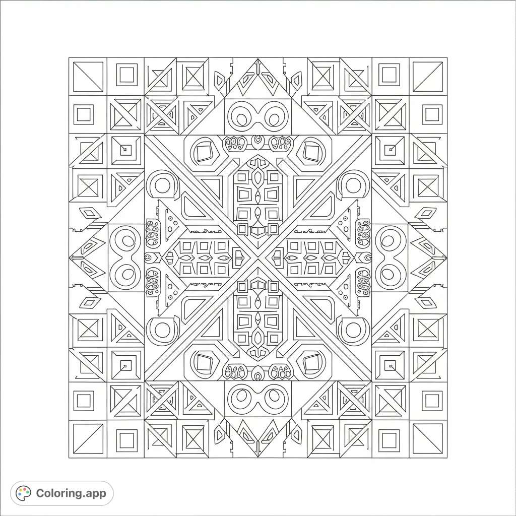 Explore an engaging abstract geometric pattern coloring page. Features intricate interlocking shapes and balanced detail for a relaxing creative experience.