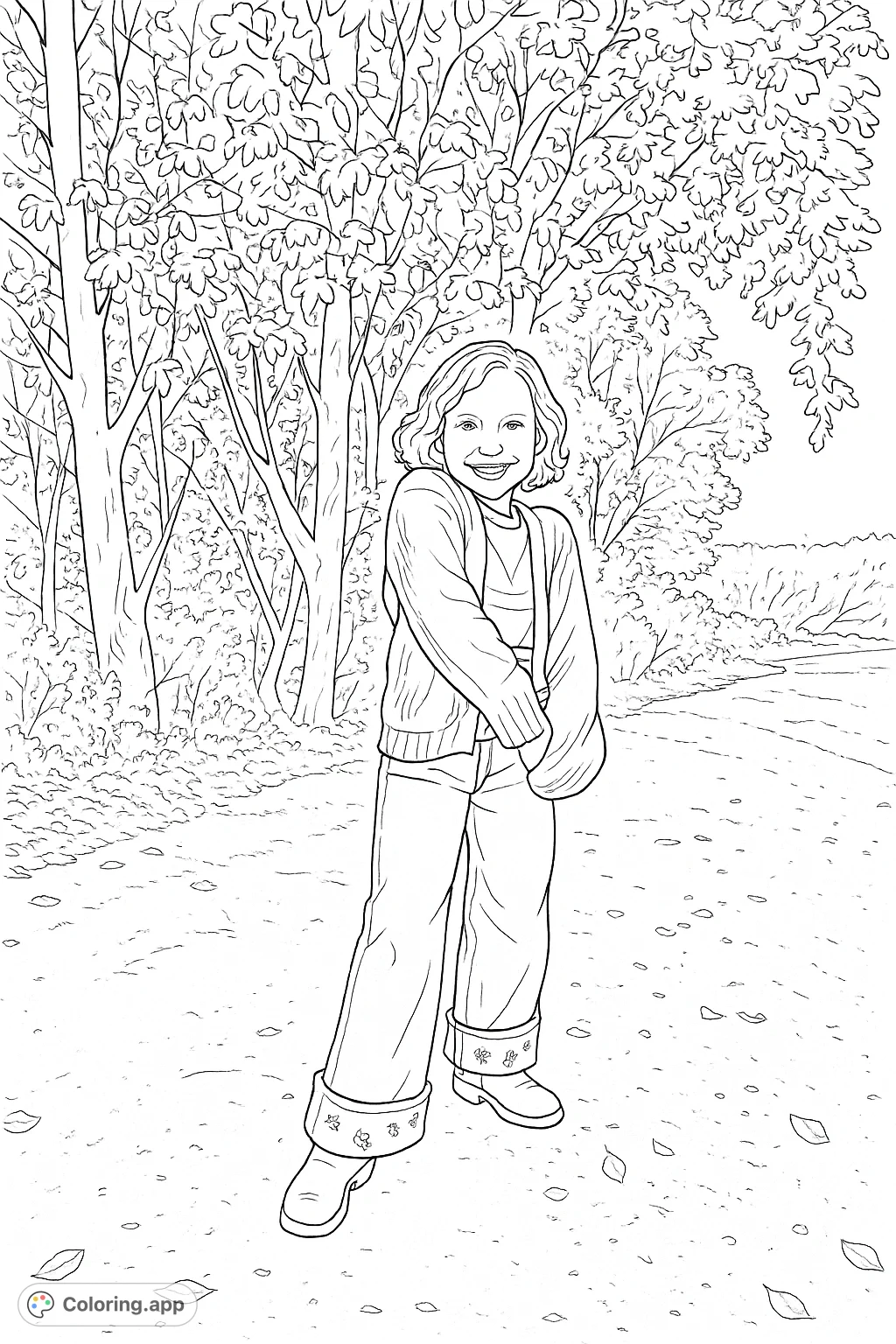 A cheerful young girl in a cozy cardigan and patterned jeans stands on a path, surrounded by trees. A delightful scene for kids to personalize.