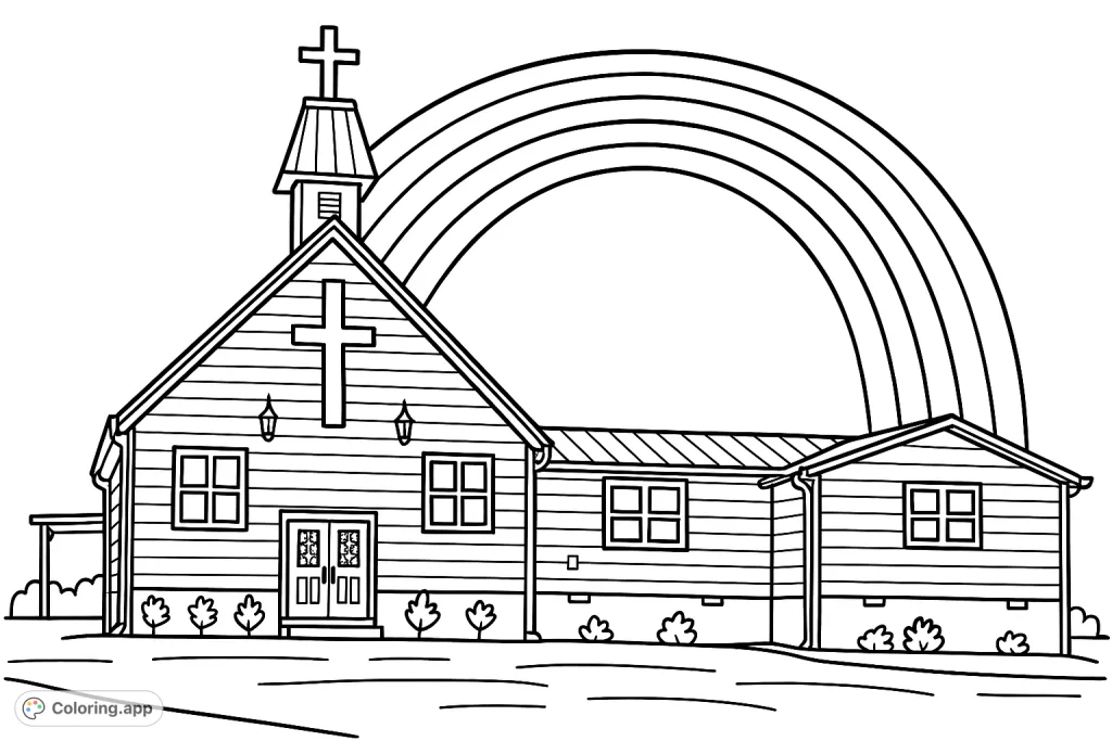 Color a charming church scene featuring a steeple, multiple windows, and a majestic rainbow arching overhead. Perfect for all ages to enjoy!