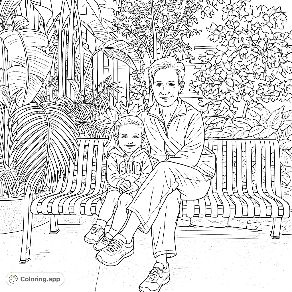 A heartwarming coloring page featuring an adult and a smiling child on a park bench amidst lush botanical garden foliage. Perfect for all ages.