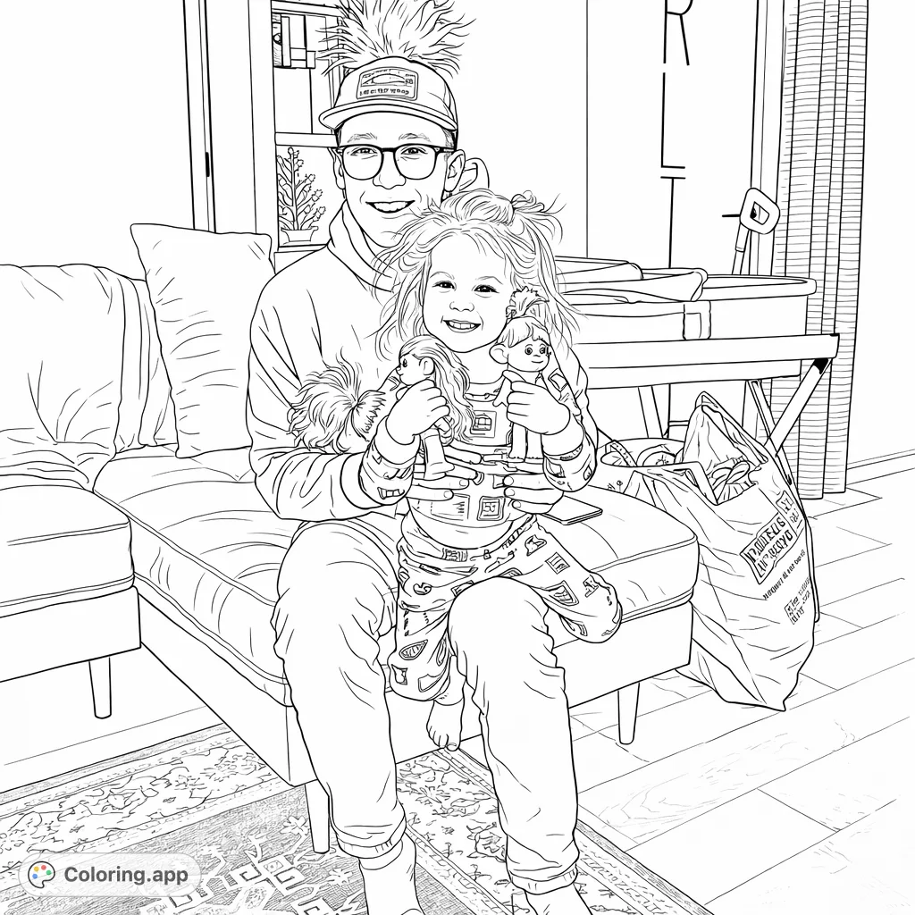 Capture a heartwarming moment of an adult holding a joyful child with their favorite dolls. Perfect for family-themed coloring fun.