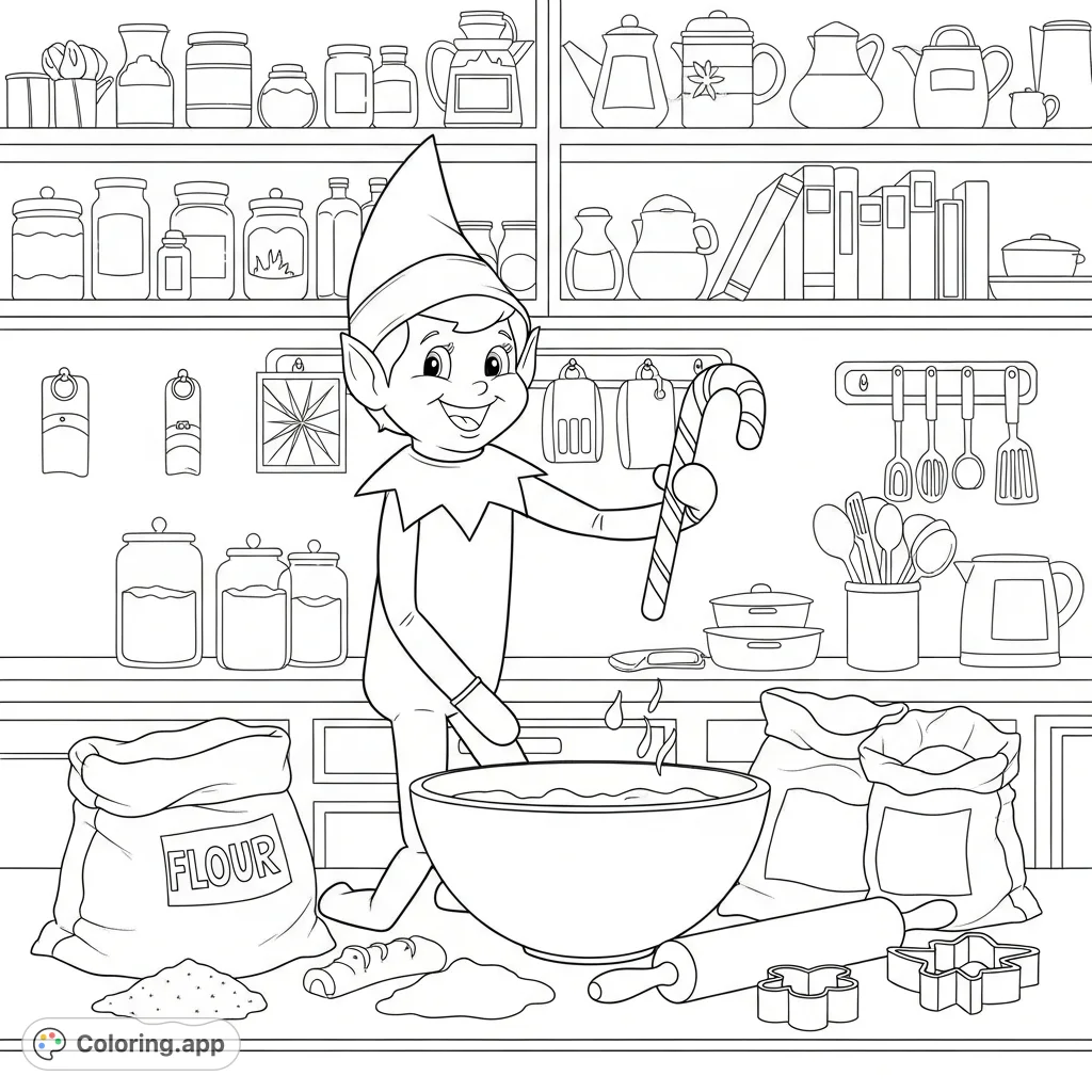 A cheerful Elf on the Shelf is busy baking in a cozy kitchen, holding a candy cane and sporting a wide smile. A delightful fantasy coloring page.