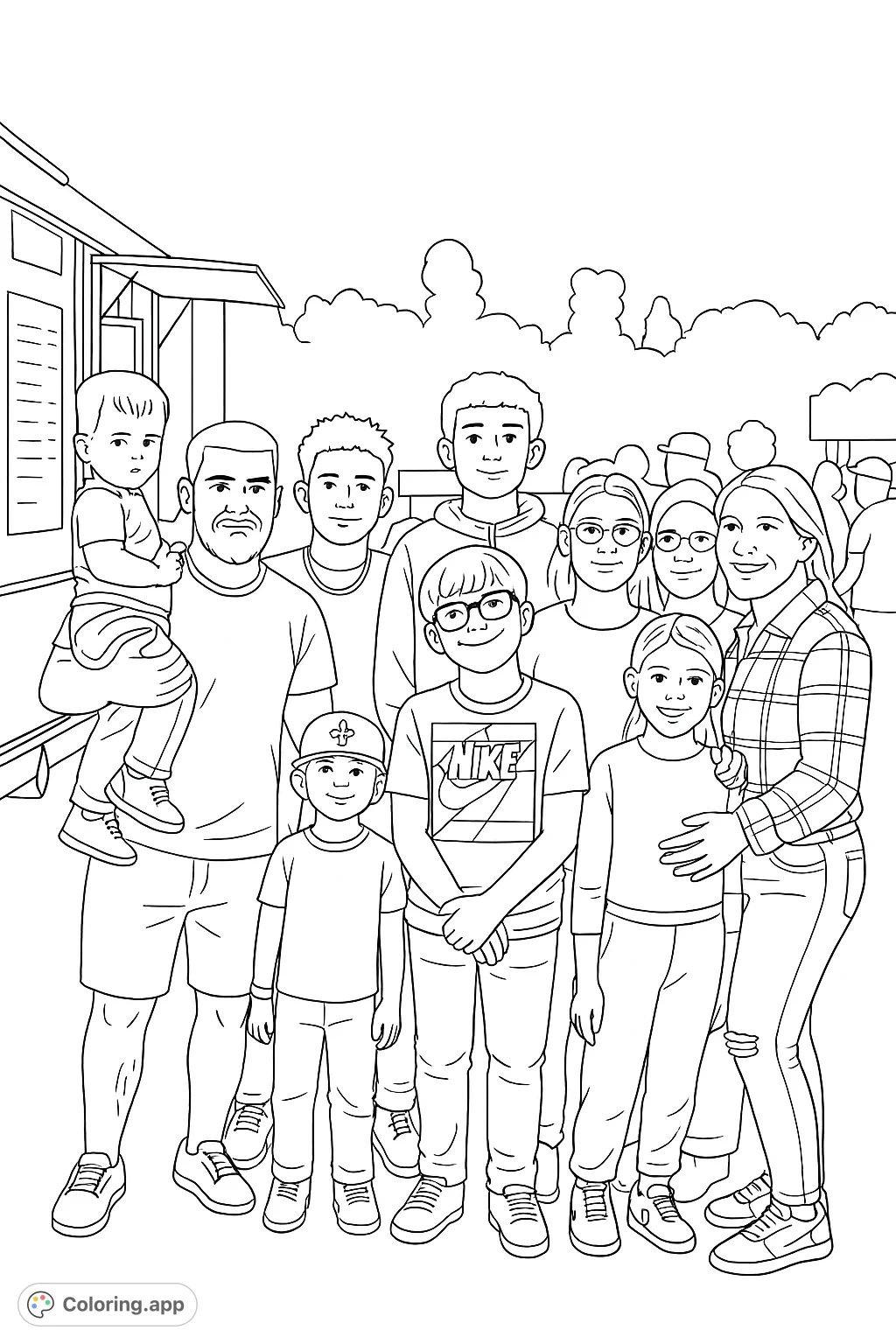 A delightful scene featuring a happy group of family and friends at an outdoor event, perfect for a simple and engaging coloring experience for all ages.