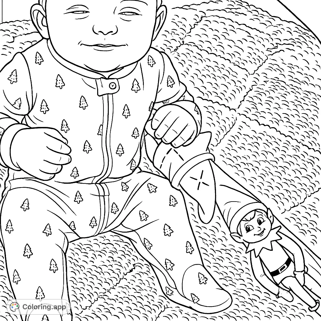 A delightful holiday coloring page featuring a baby in a tree-patterned sleeper, sitting with a playful Elf on the Shelf and a charming toy. Perfect for festive cheer!
