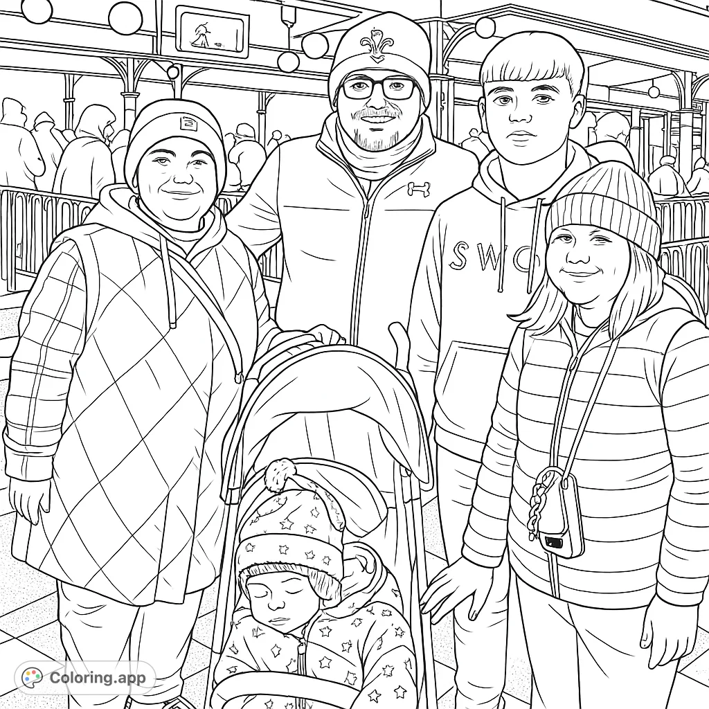 Capture a joyful family moment at a theme park entrance. Perfect for celebrating family bonds, creating cherished memories, and a fun family coloring page.