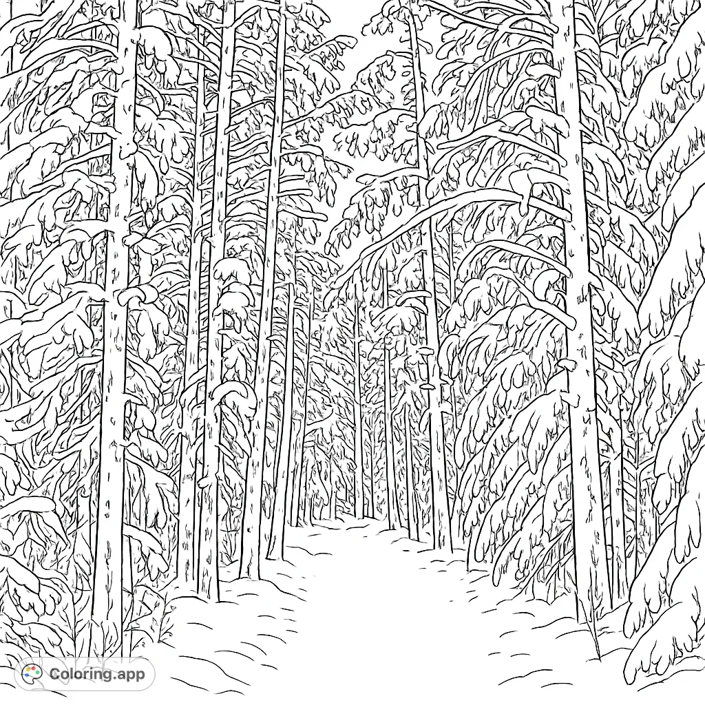 Explore a serene winter forest scene, detailed with snow-covered trees and a winding path, perfect for creative coloring and relaxation.