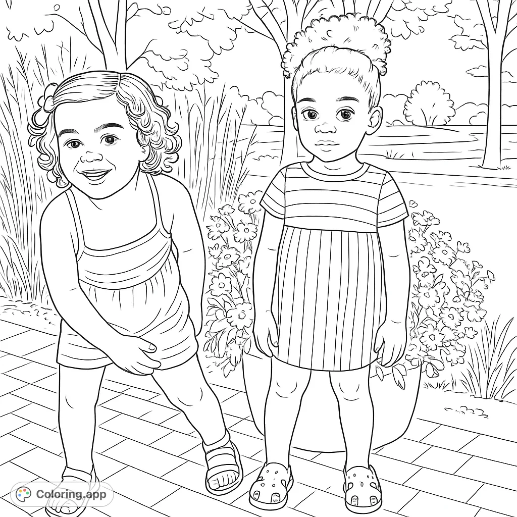 A delightful kids coloring page featuring two smiling girls standing among vibrant flowers and natural scenery. Perfect for young artists!
