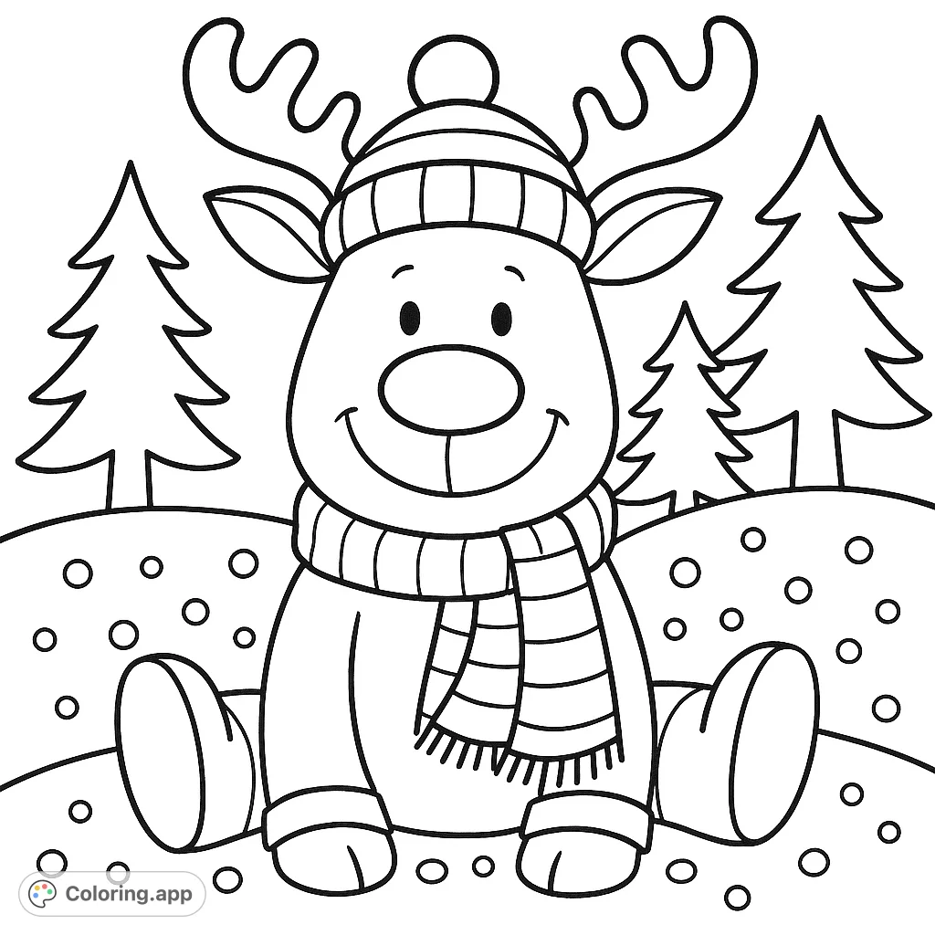 A delightful Christmas reindeer coloring page featuring a friendly character with a scarf and hat, set against snowy hills and Christmas trees. Perfect for holiday cheer!