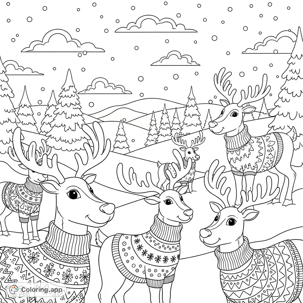 Adorable reindeer don cozy, patterned Christmas sweaters in a snowy scene, ready for a festive coloring adventure. Perfect for holiday cheer!