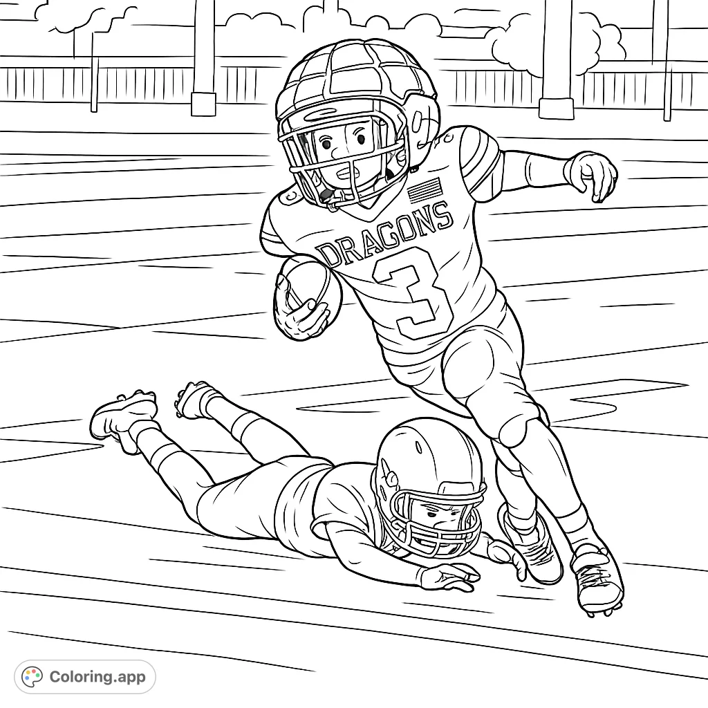 A vibrant youth football coloring page featuring a player running with the ball past a fallen opponent on the gridiron. Capture the intensity of the game!