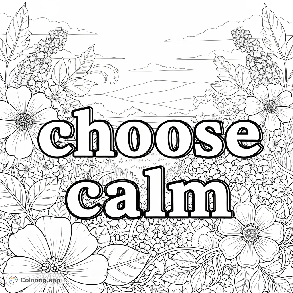 Discover tranquility with this "choose calm" floral landscape coloring page. Intricate blossoms and rolling hills invite mindful coloring and relaxation.