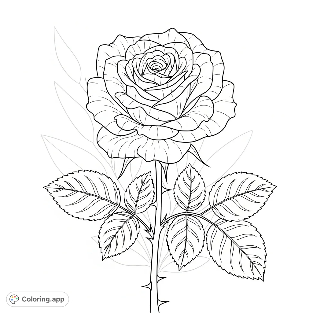 Discover a beautifully detailed blooming rose with intricate petals, thorny stem, and elegant leaves. A perfect floral coloring page for relaxation and creativity.