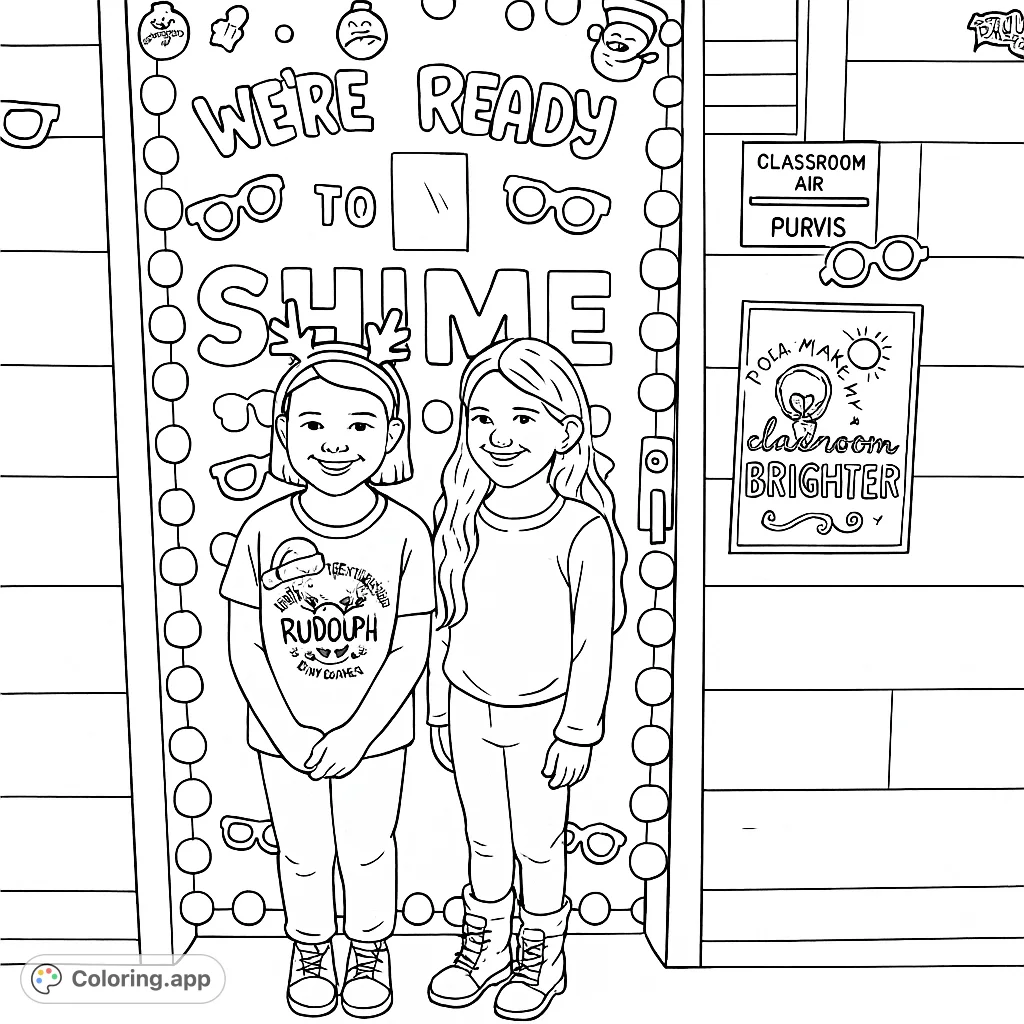 A vibrant classroom scene featuring two cheerful girls in festive headbands standing before a brightly decorated door, ready for a creative coloring adventure.