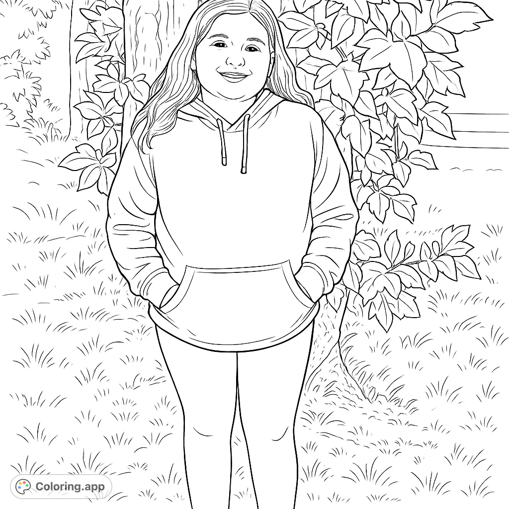 Capture a calm outdoor portrait of a young person in a hoodie by a tree. Perfect for personalizing with your favorite patterns and shades.