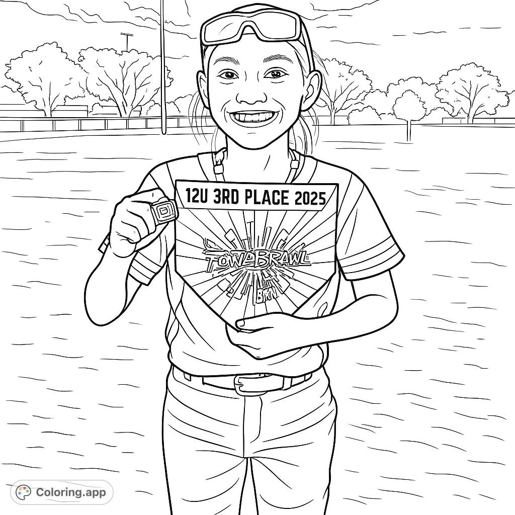 Celebrate victory with this baseball champion coloring page. A smiling young player holds their home plate award and championship ring on the field.