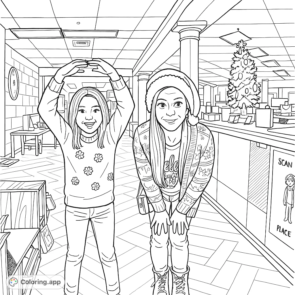 Festive friends coloring page featuring a child and adult in cheerful holiday attire within a decorated library. Enjoy this free printable coloring page for kids and adults!
