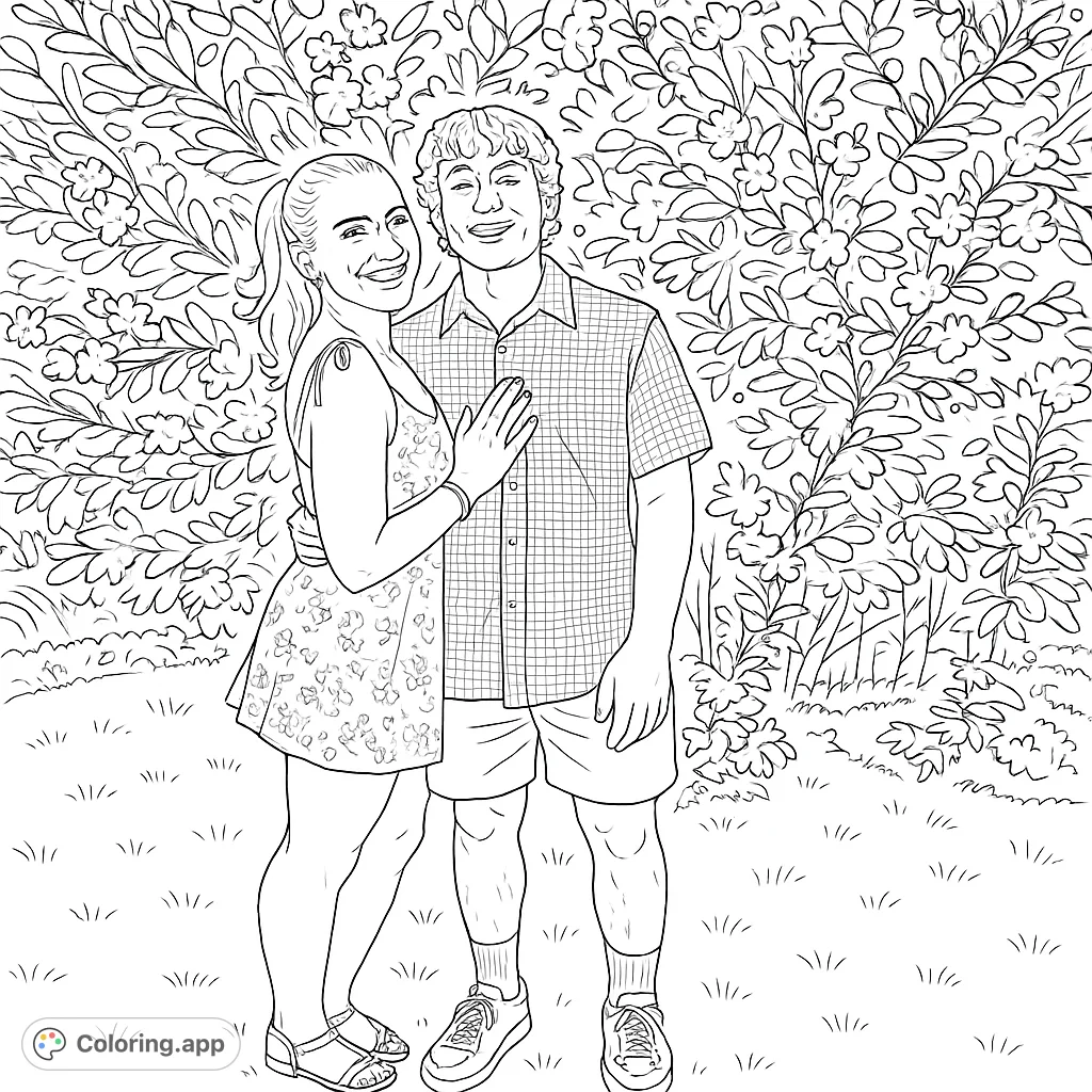 Capture a joyful couple in a flourishing garden, surrounded by intricate blossoms and a verdant lawn. A heartwarming scene perfect for expressing affection and nature's beauty.