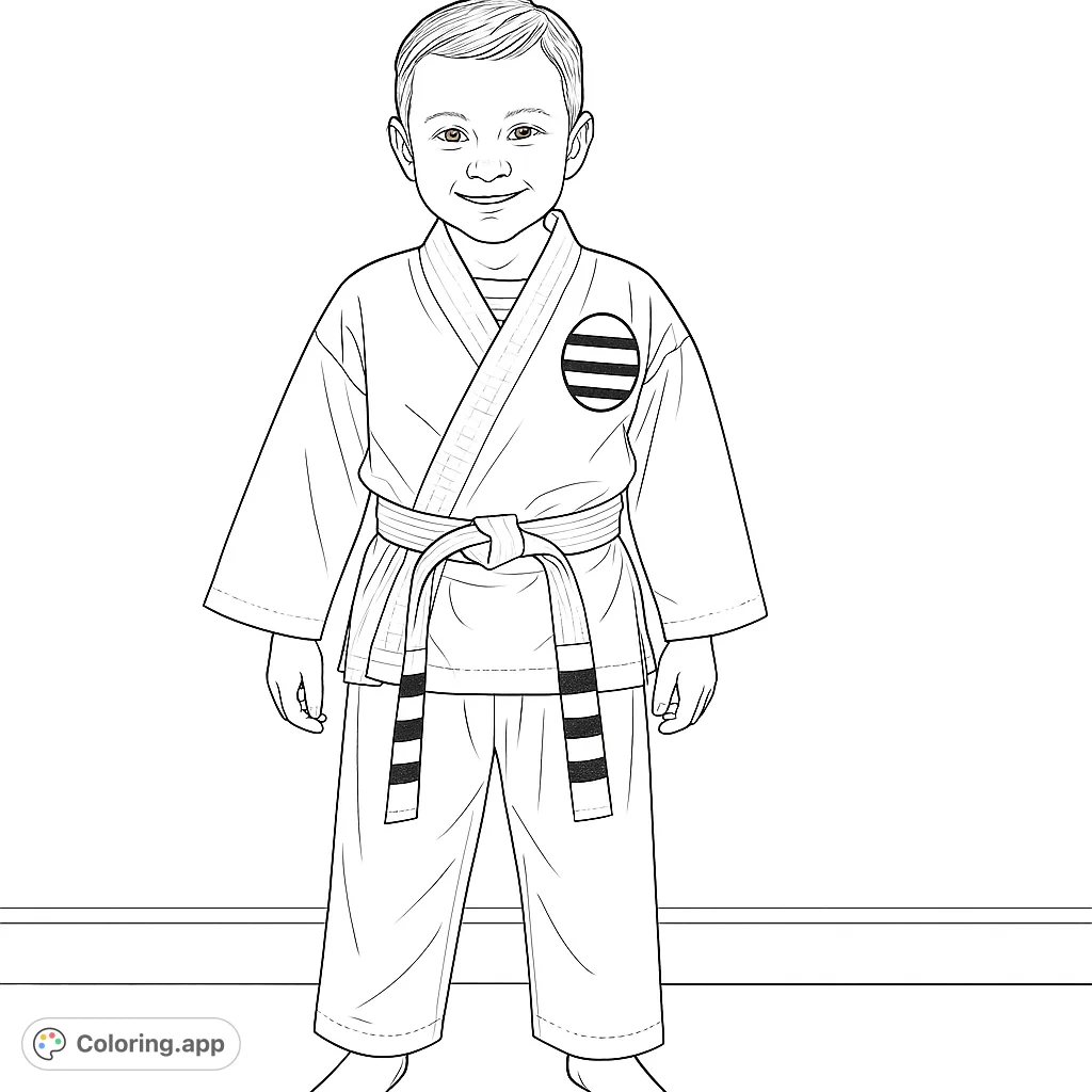 A young martial artist proudly stands in their uniform, complete with a detailed belt and emblem. A fun and inspiring coloring page for aspiring champions!