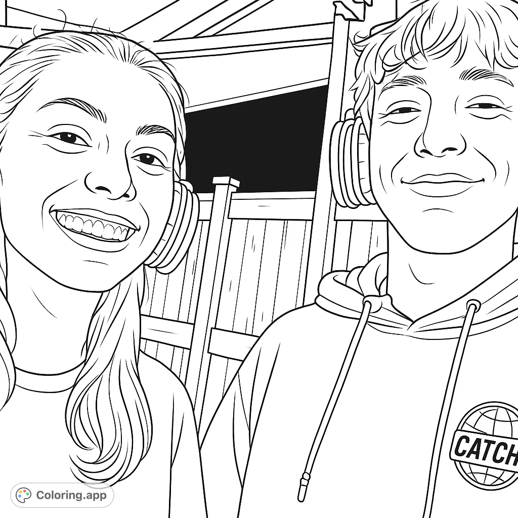 Capture the joy of two friends with unique, light-emitting headphones. A fun and engaging coloring page for all ages, perfect for personalizing expressions and details.