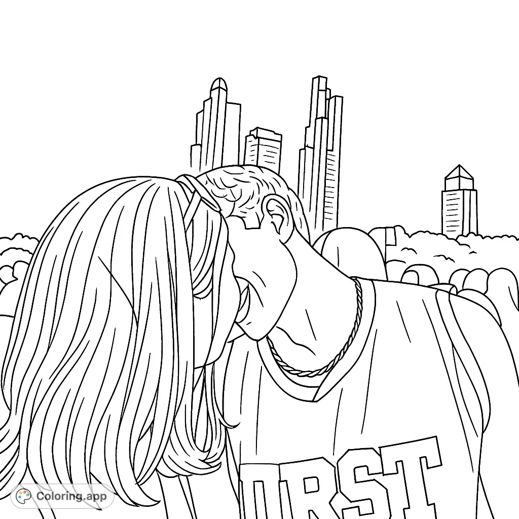 Capture a tender moment between a couple with a bustling city skyline backdrop. This romantic urban scene features detailed figures and architectural elements.
