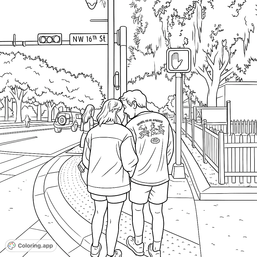 Capture an urban evening scene with figures on a sidewalk, traffic lights, and a glowing sky. Perfect for city life enthusiasts.