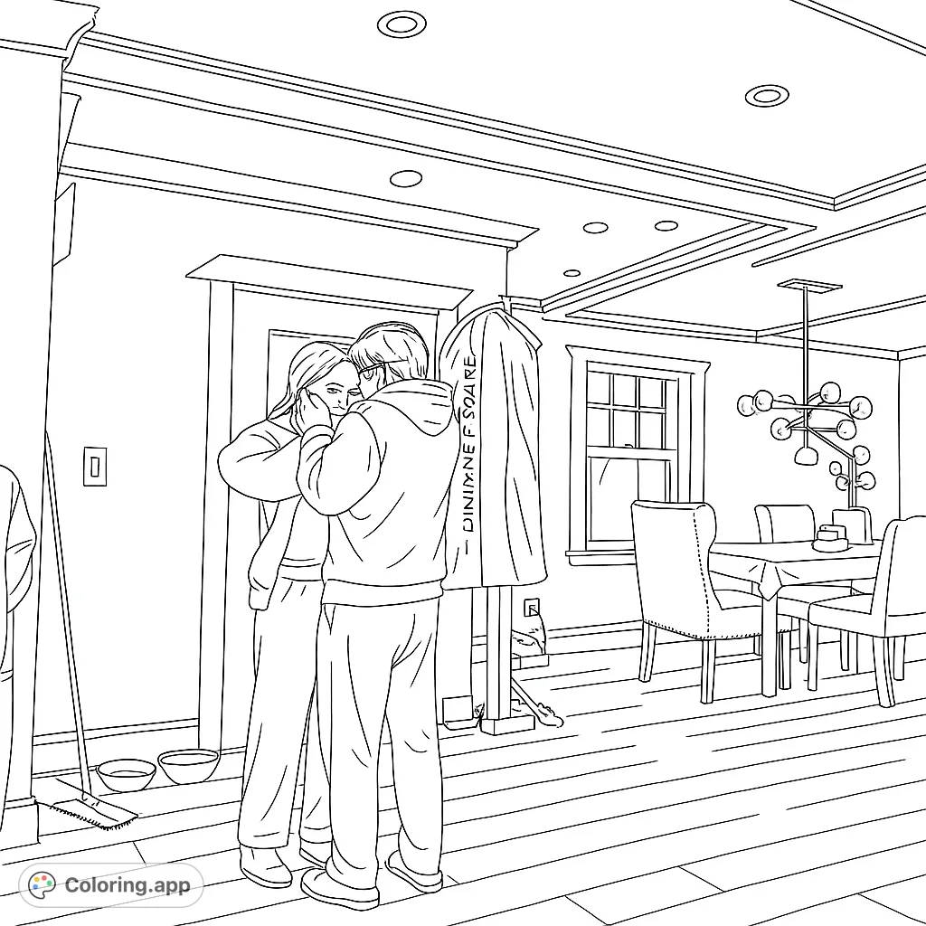 A heartwarming scene of two figures embracing in a well-appointed home interior. Features a cozy moment amidst detailed room elements, offering a realistic coloring experience.