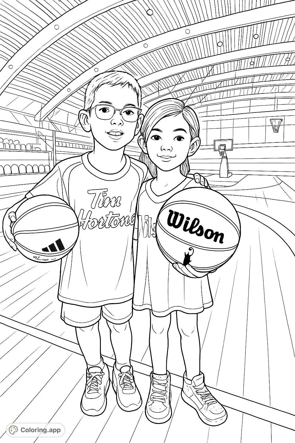 A fun basketball coloring page featuring two smiling children holding their basketballs on a court. Perfect for sports enthusiasts and aspiring athletes.