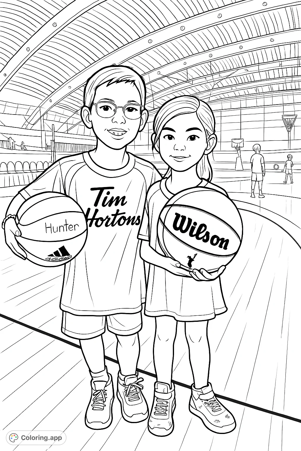 A delightful basketball coloring page featuring two children holding their basketballs on the court, perfect for sports enthusiasts and young artists.