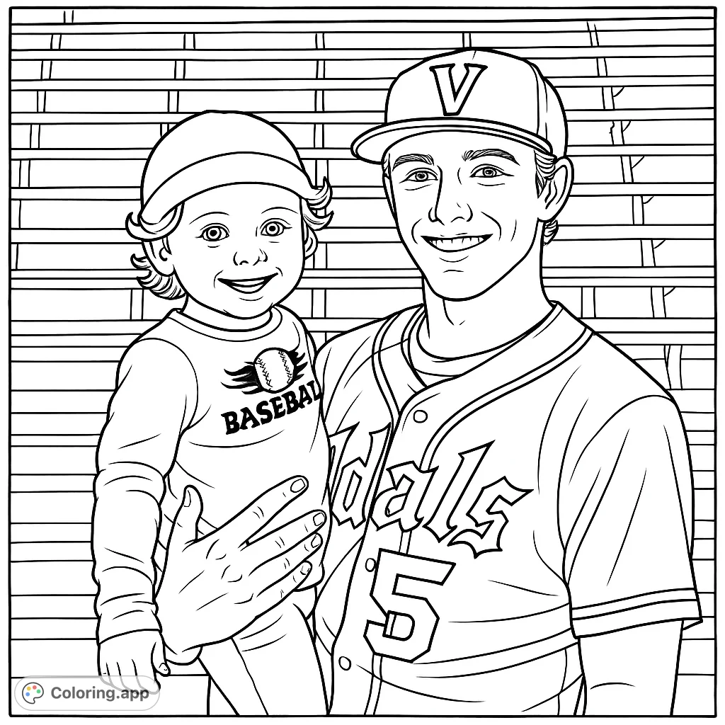 A heartwarming baseball coloring page featuring a player holding a young fan at the stadium. Perfect for sports enthusiasts and family fun.